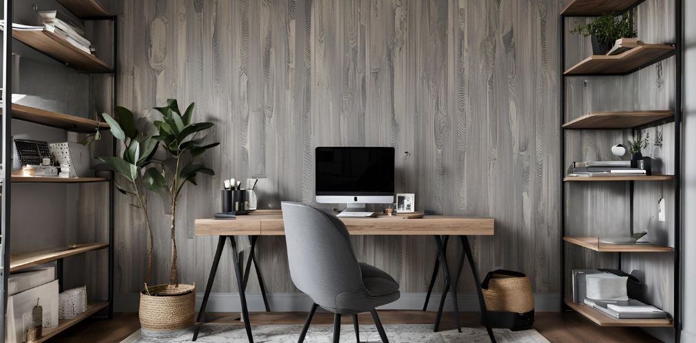 Contemporary grey and wood home office with wooden wall finish - Beautiful Homes