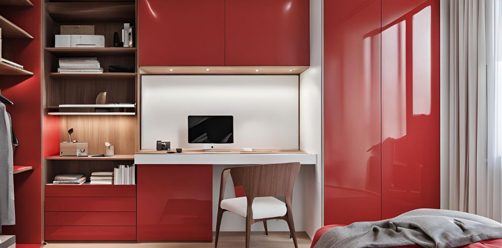 Contemporary home office design with integrated red wardrobe - Beautiful Homes