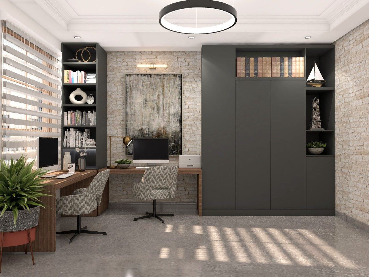 Contemporary home office for two with wooden l-shaped table and grey wall storage - Beautiful Homes