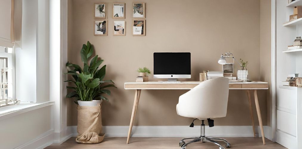 Contemporary home office with beige walls and floor plant-Beautiful Homes