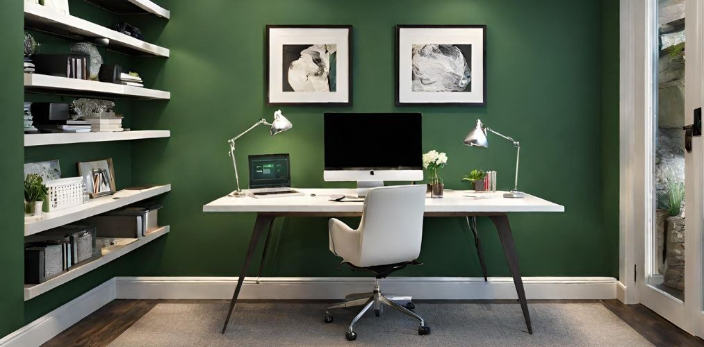 Contemporary home office with green accent wall-Beautiful Homes