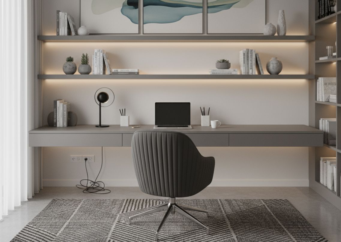Home office with grey desk and swivel chair - Beautiful Homes