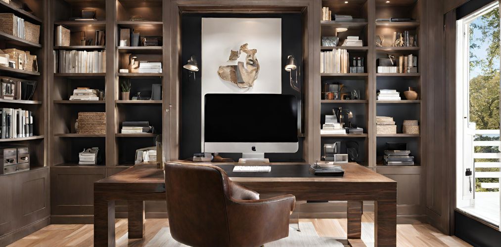 Contemporary brown home office with leather chair - Beautiful Homes