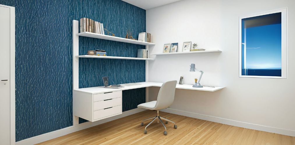 Minimalist study room with blue wallpaper and shelves - Beautiful Homes