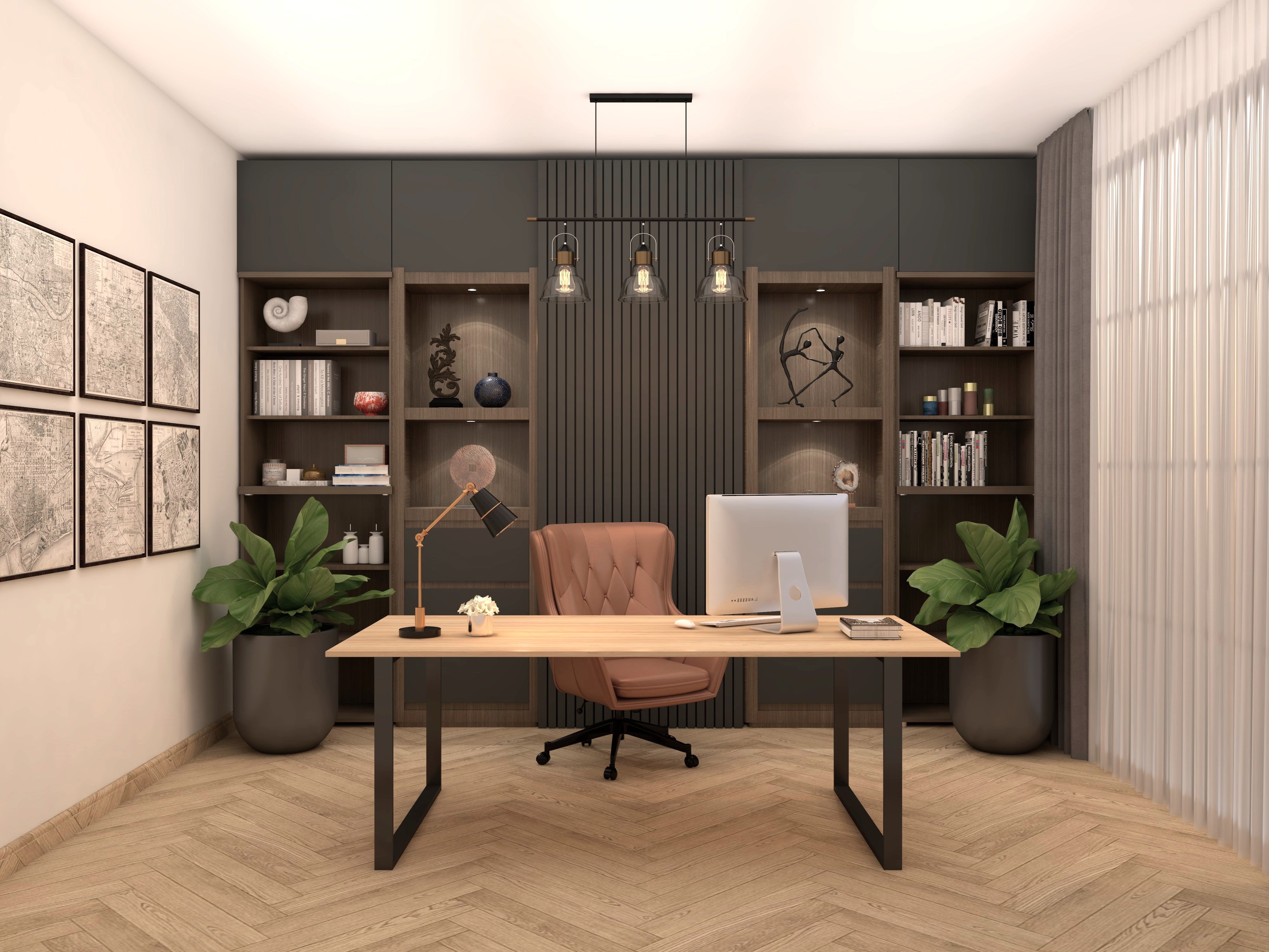 Contemporary style home office with a white teak chandelier - Beautiful Homes