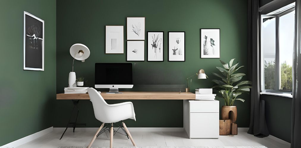 Contemporary white and wood home office with green accent wall - Beautiful Homes