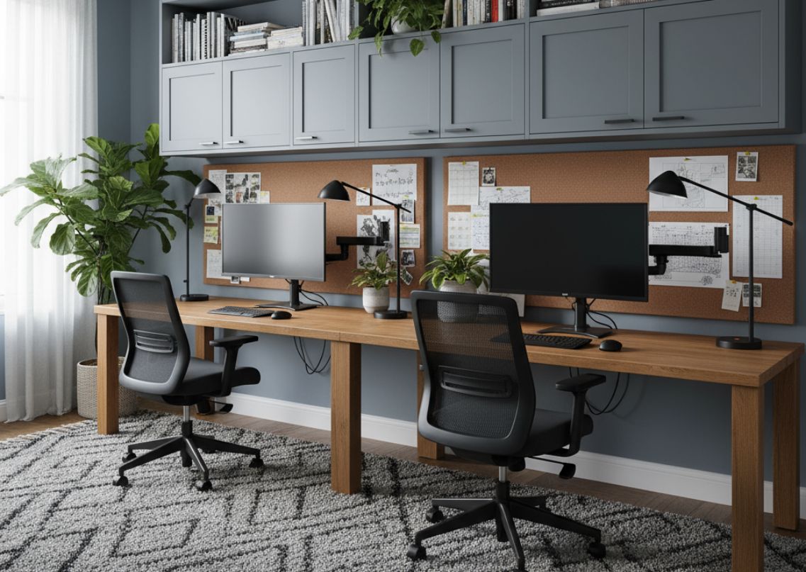 Dual home office with wooden table and cabinets - Beautiful Homes