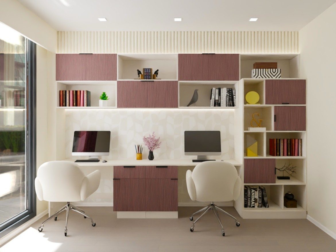 Modern home office with wooden cabinets and shelves - Beautiful Homes