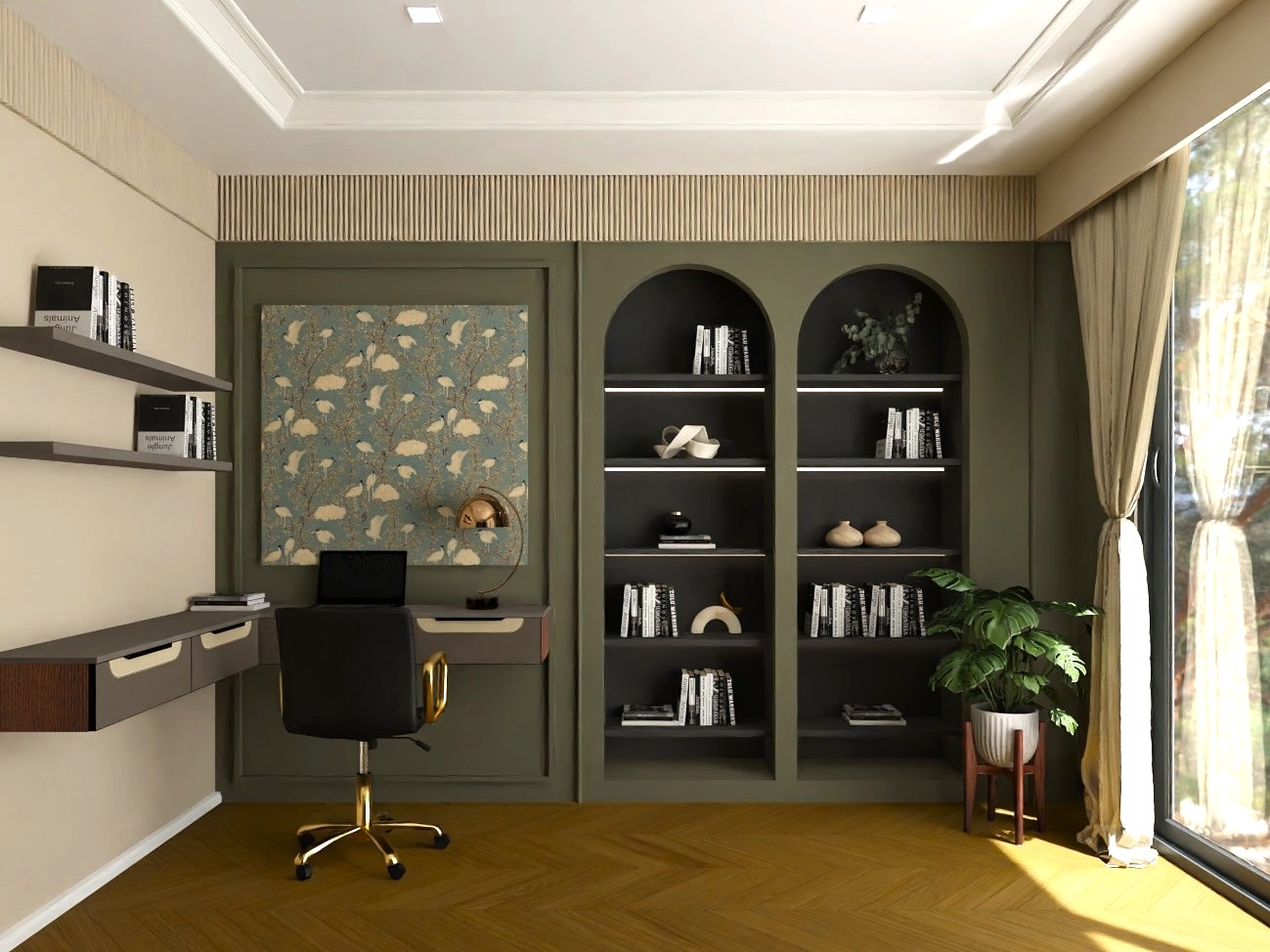 Modern home office with bookshelves and wooden flooring - Beautiful Homes