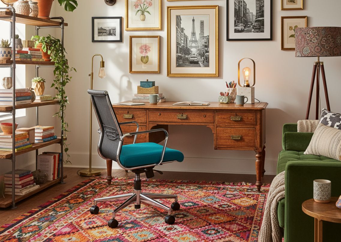 Eclectic office with wooden desk and colourful rug - Beautiful Homes