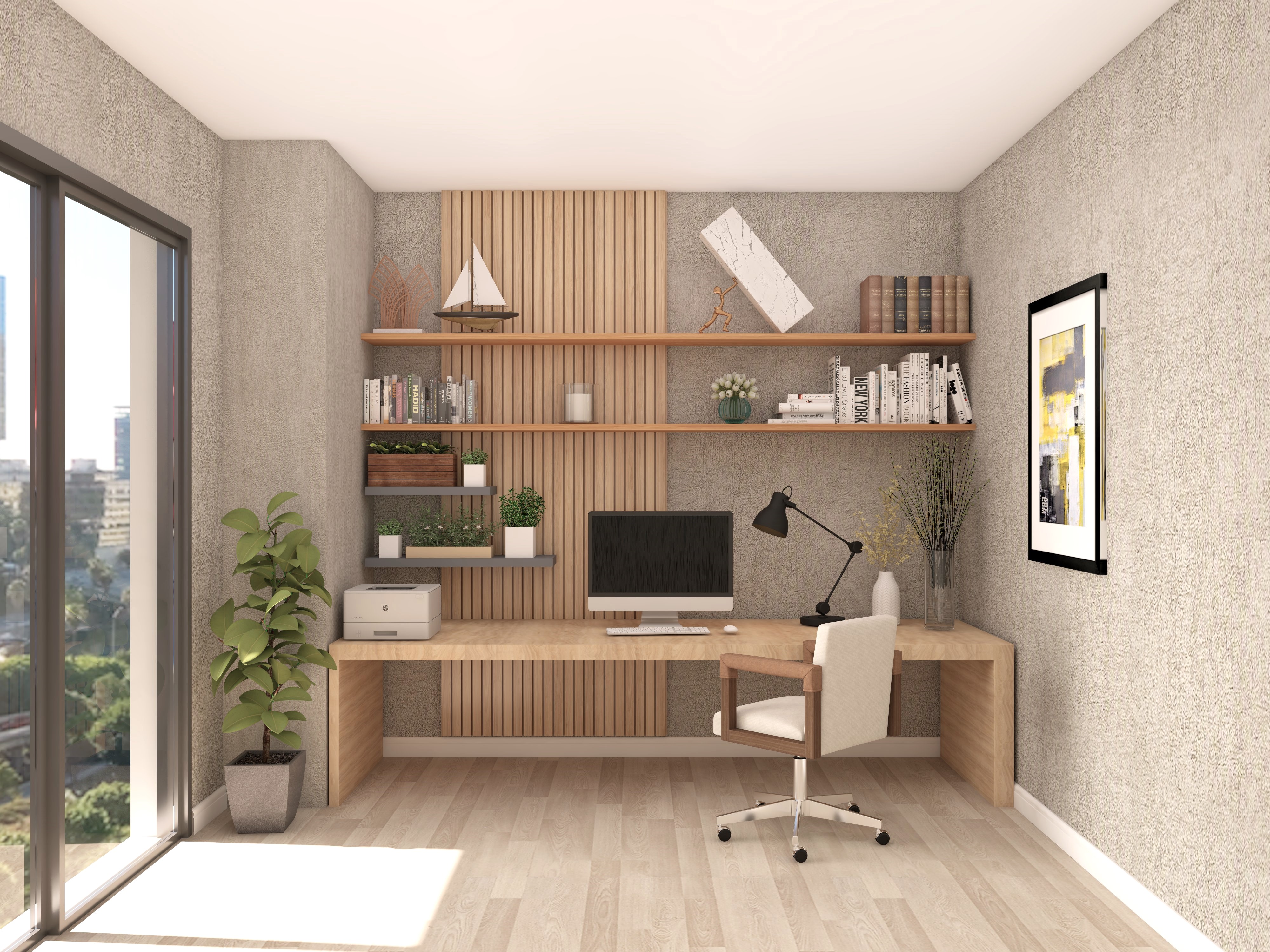 Modern home office with wooden desk and shelves - Beautiful Homes