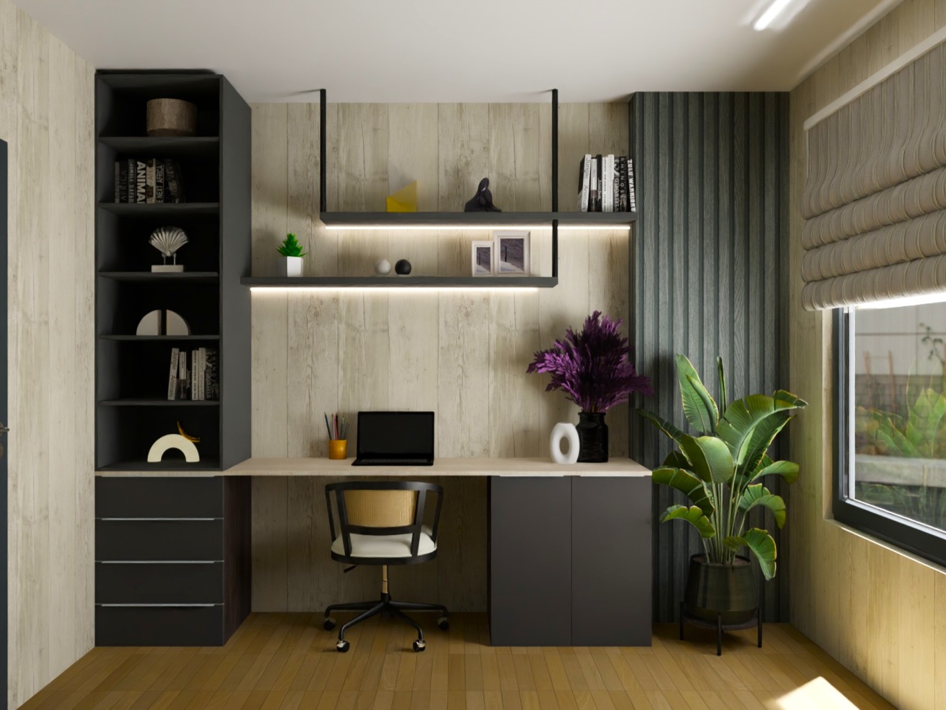 Modern home office with wooden desk and plants - Beautiful Homes