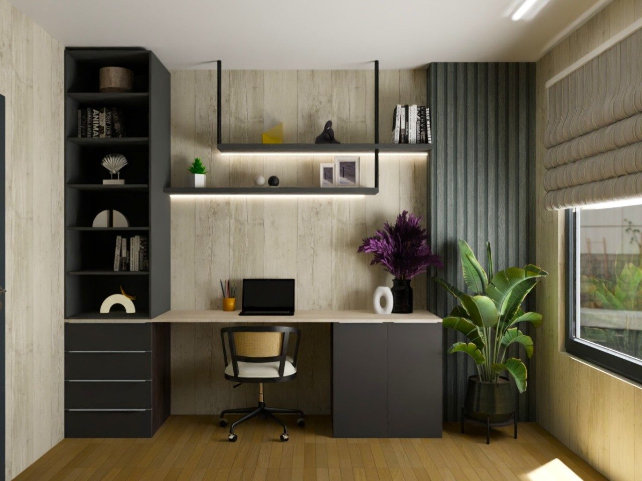 Modern home office with wooden desk and plants - Beautiful Homes