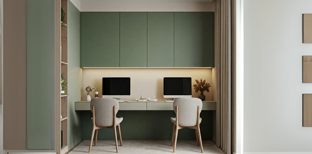 Dual desk study room with green wall cabinets - Beautiful Homes