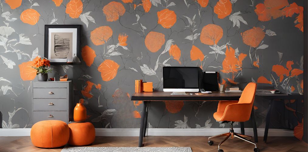 Grey and orange home office with wallpaper - Beautiful Homes