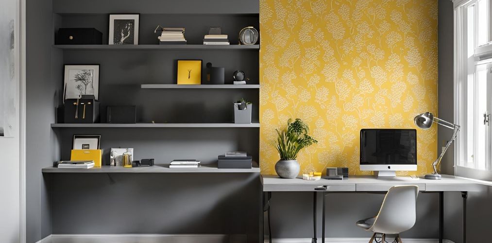 Grey modern home office with yellow wallpaper - Beautiful Homes