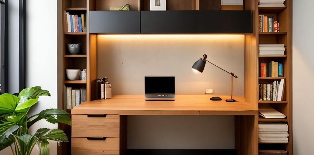 Home office design with wooden computer table and book shelves-Beautiful Homes