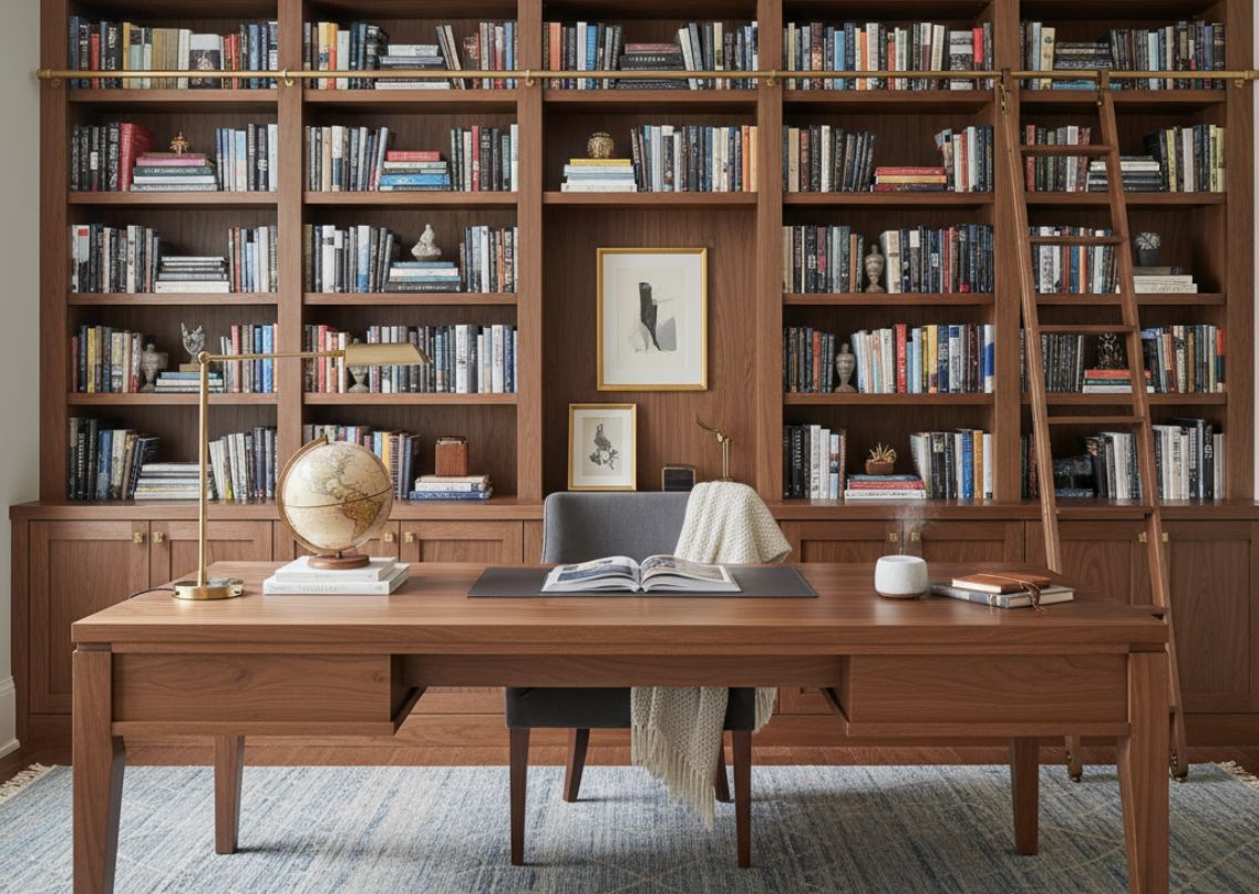 Well-organized home office with wooden shelves and table - Beautiful Homes