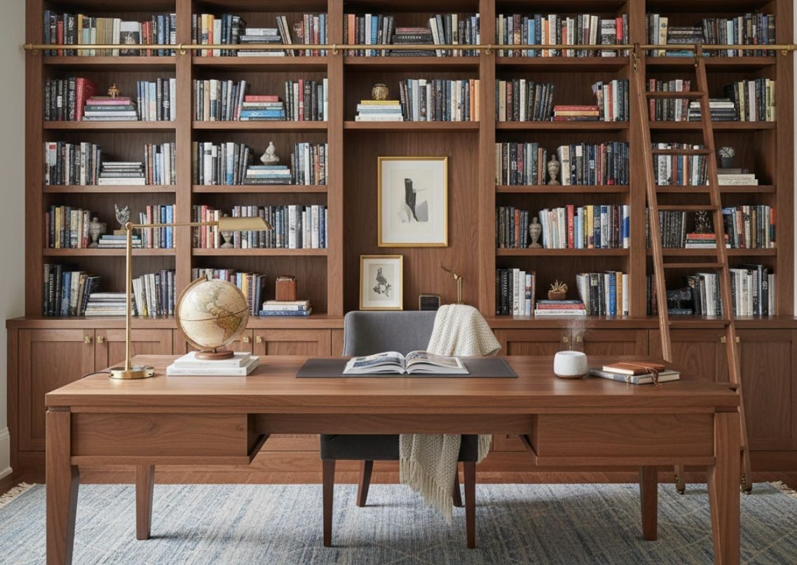 Well-organized home office with wooden shelves and table - Beautiful Homes