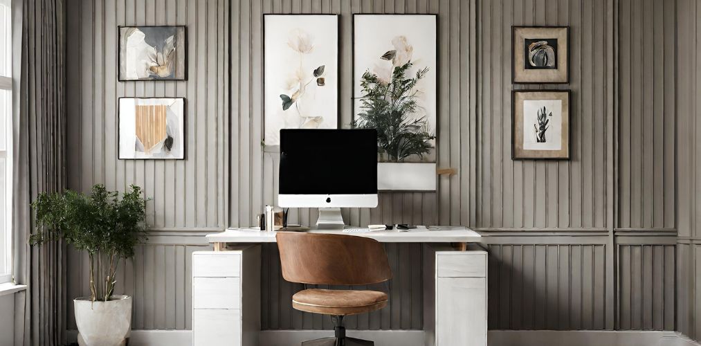 Home office wall design with fluted panels and painting - Beautiful Homes