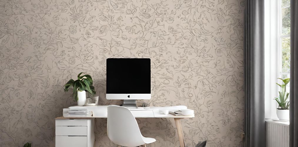 Home office wall with beige wallpaper - Beautiful Homes