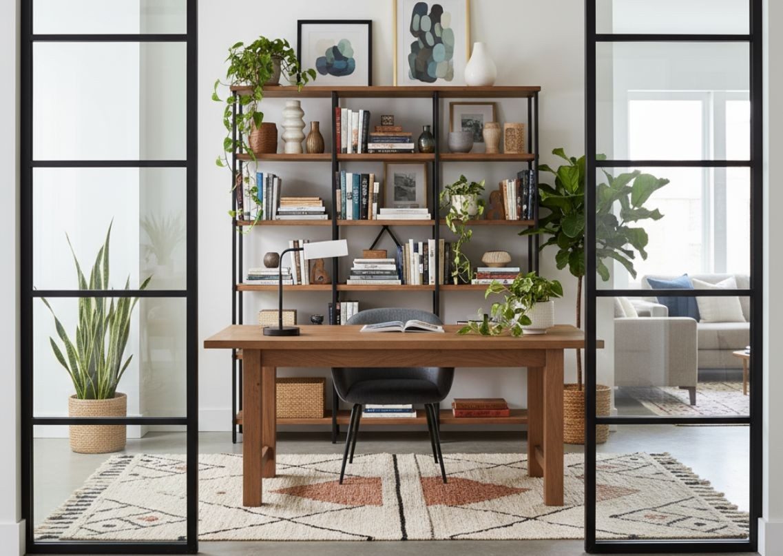 Home office with black-framed glass partitions - Beautiful Homes