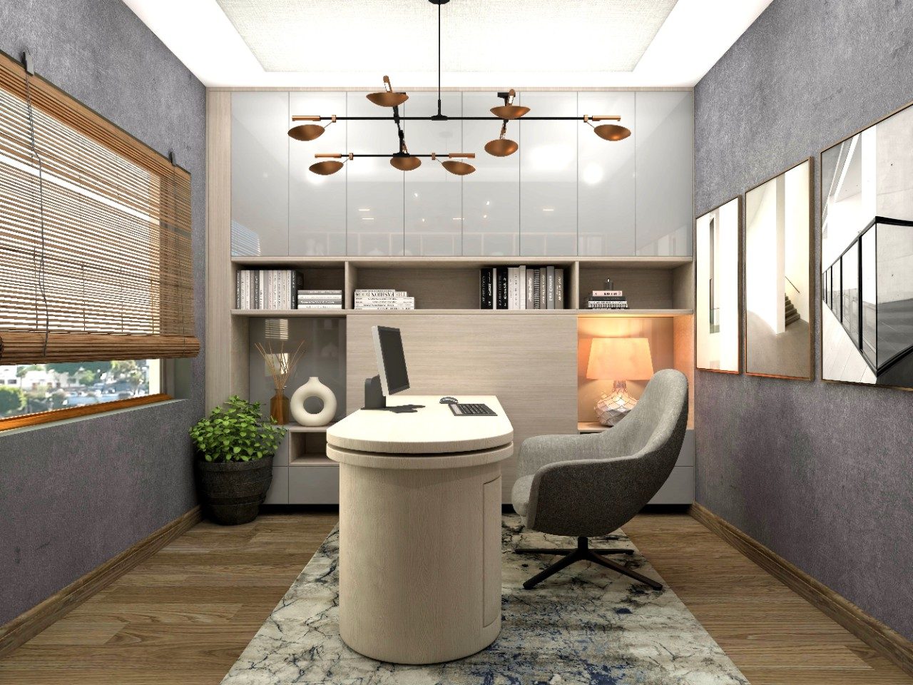 Home office with curved table and upholstered modern chair - Beautiful Homes