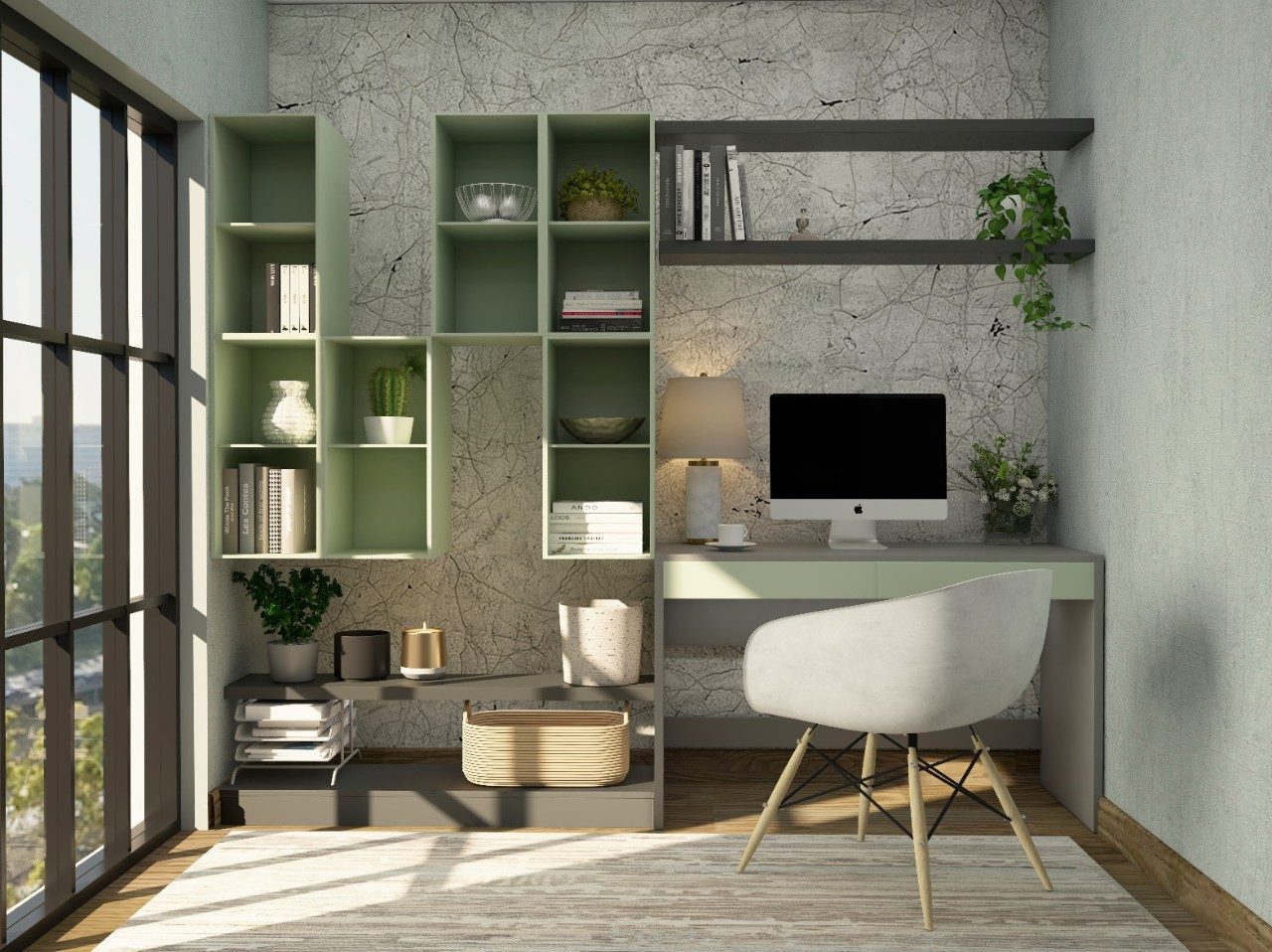 Home office with green wall shelves and white wallpaper with black veins - Beautiful Homes