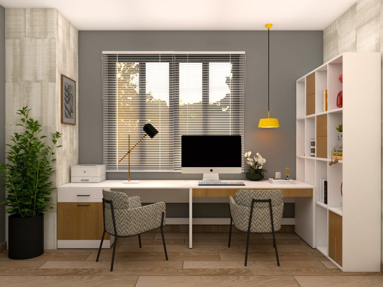 Home office with grey walls and white computer table-Beautiful Homes