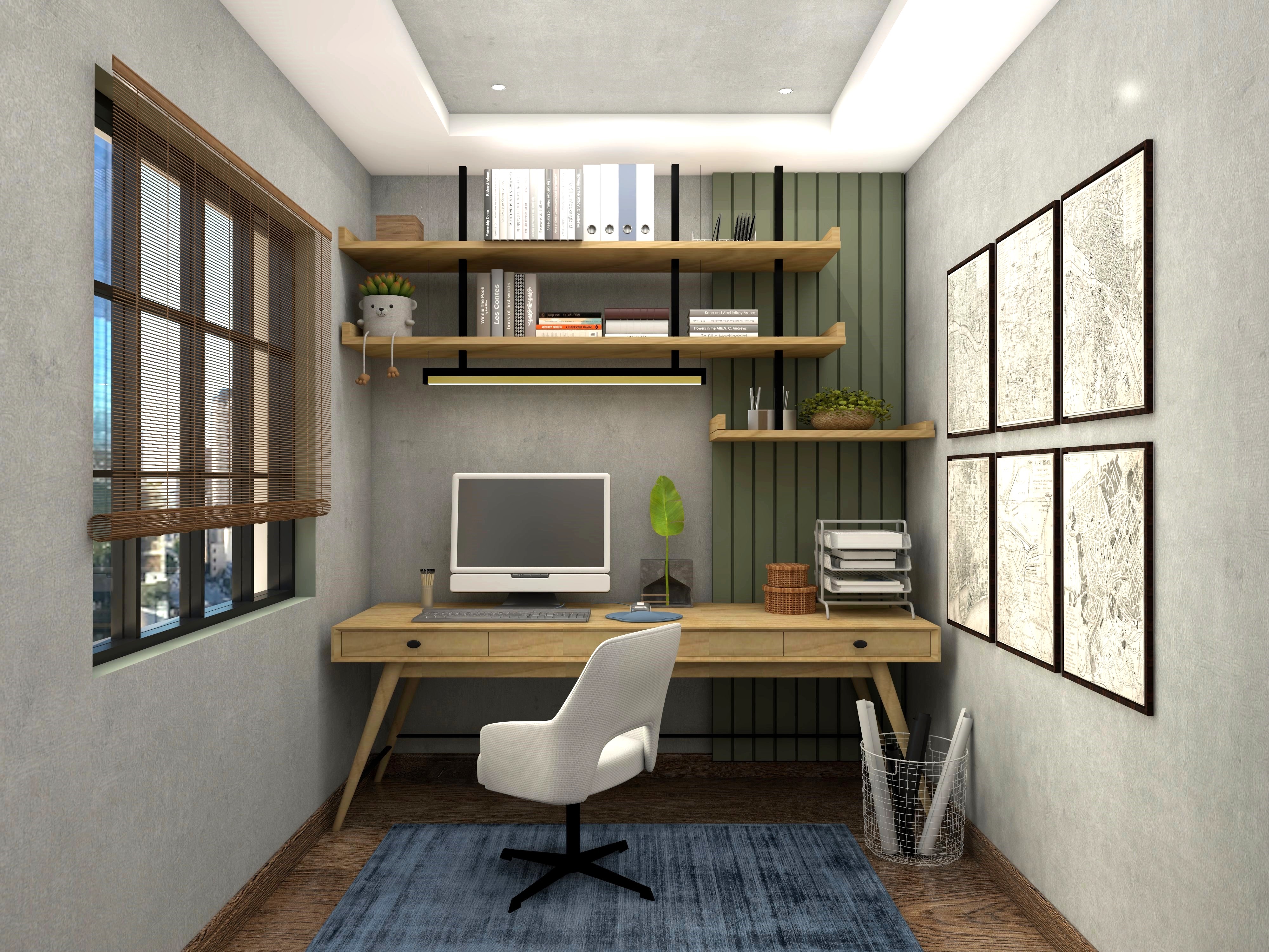 Home office with light wooden study table and white chair - Beautiful Homes