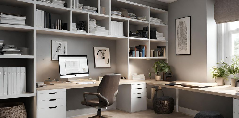 Home office with open and closed storage units - Beautiful Homes