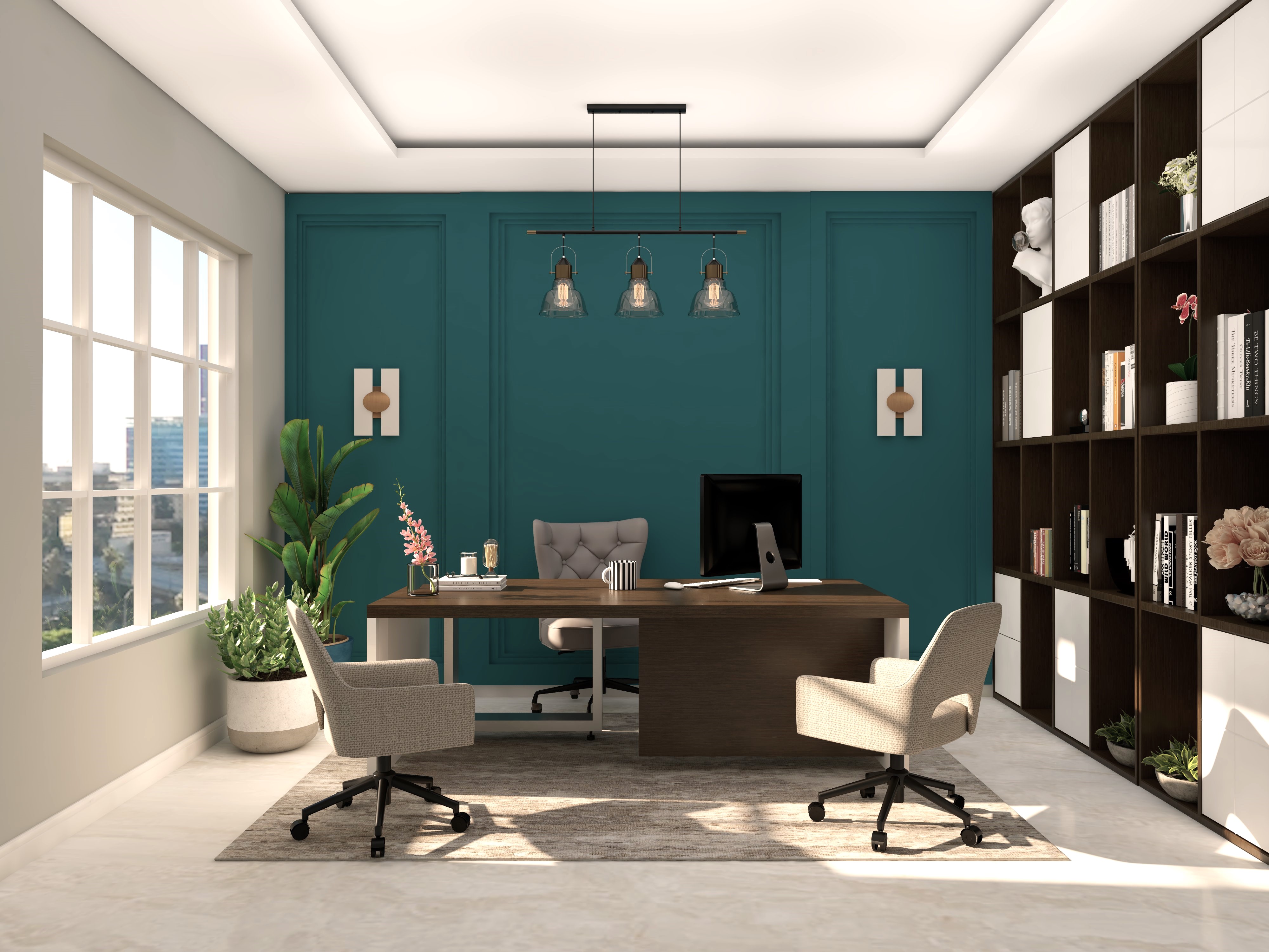 Home office with teal blue wainscoting and wall shelves - Beautiful Homes