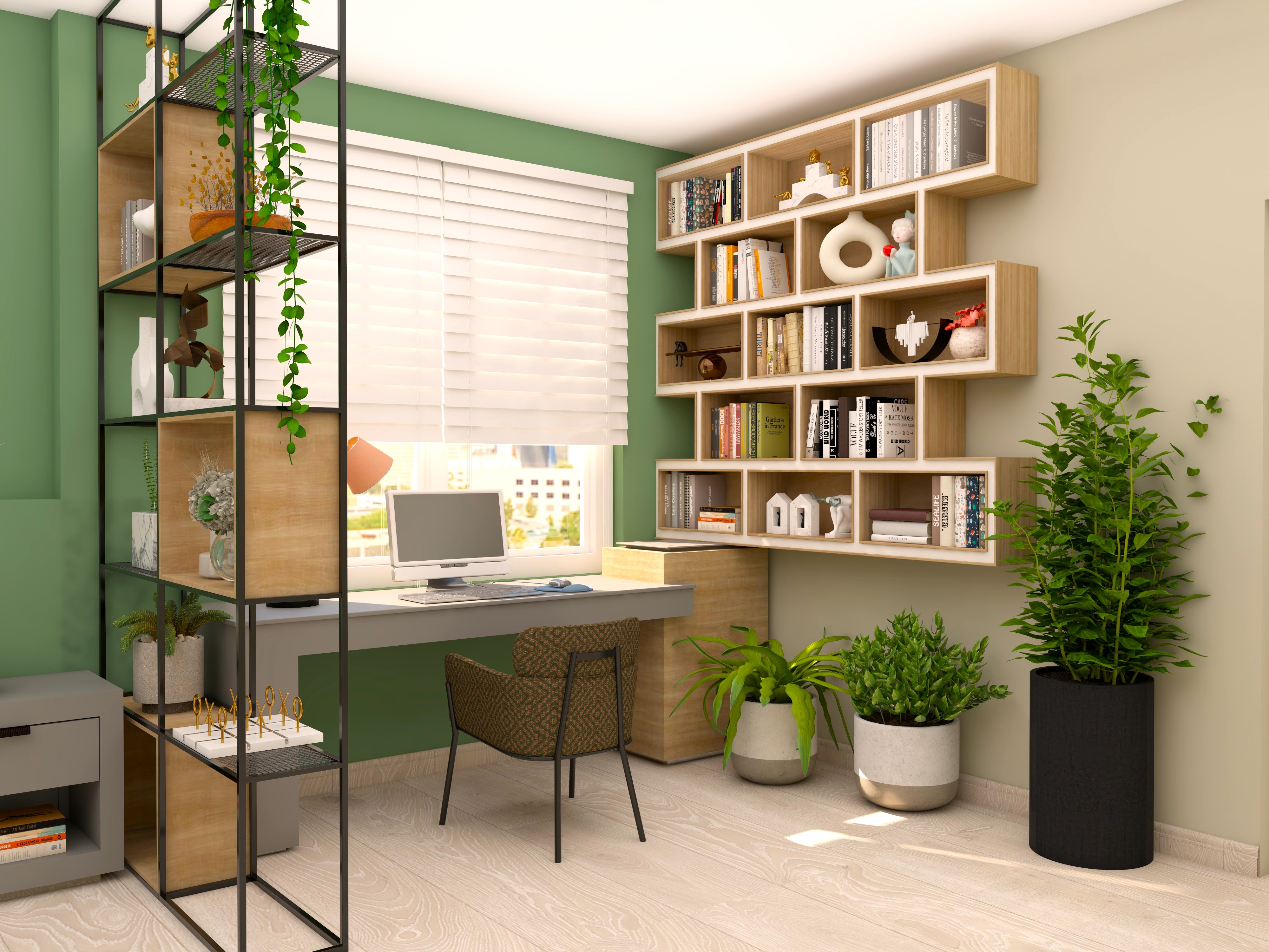 Home office with wall mounted shelves and plants - Beautiful Homes