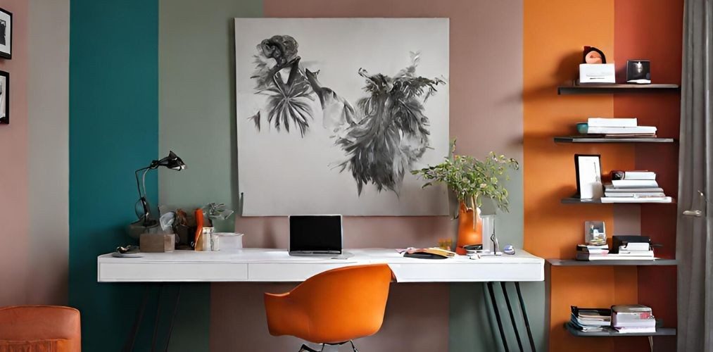 Home office with white desk and colourful walls - Beautiful Homes