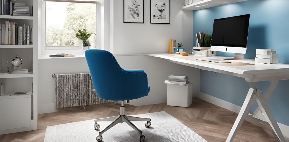 Home office with white study table and blue swivel chair - Beautiful Homes