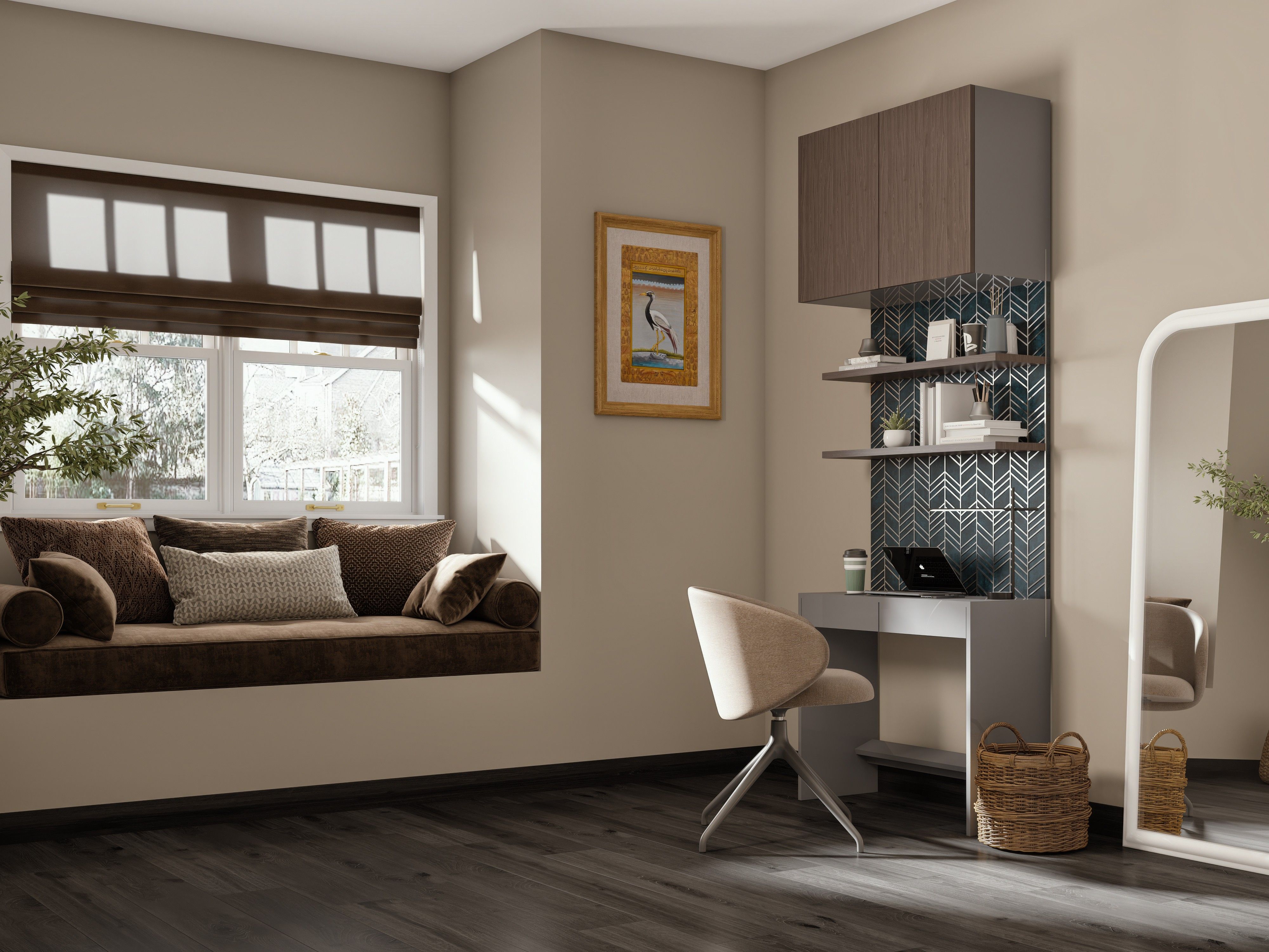 Stylish study room featuring a built-in window seat, workspace, and warm natural light - Beautiful Homes