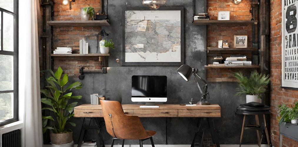 Industrial home office design with accent wall - Beautiful Homes