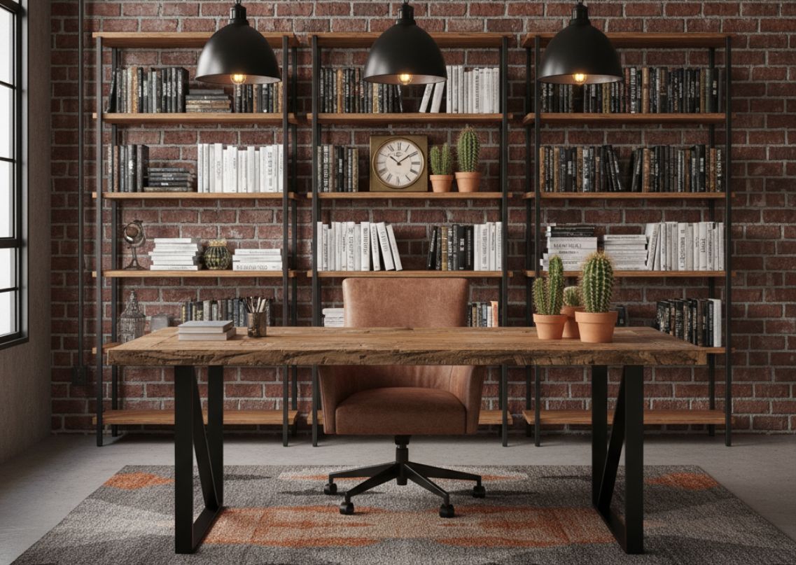 Industrial home office with wooden table and shelves - Beautiful Homes