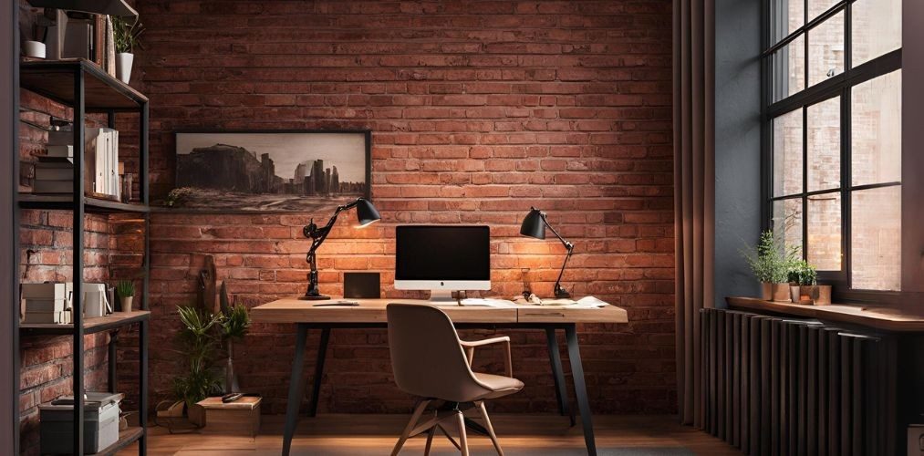 Industrial home office with wooden study table and red brick wall - Beautiful Homes