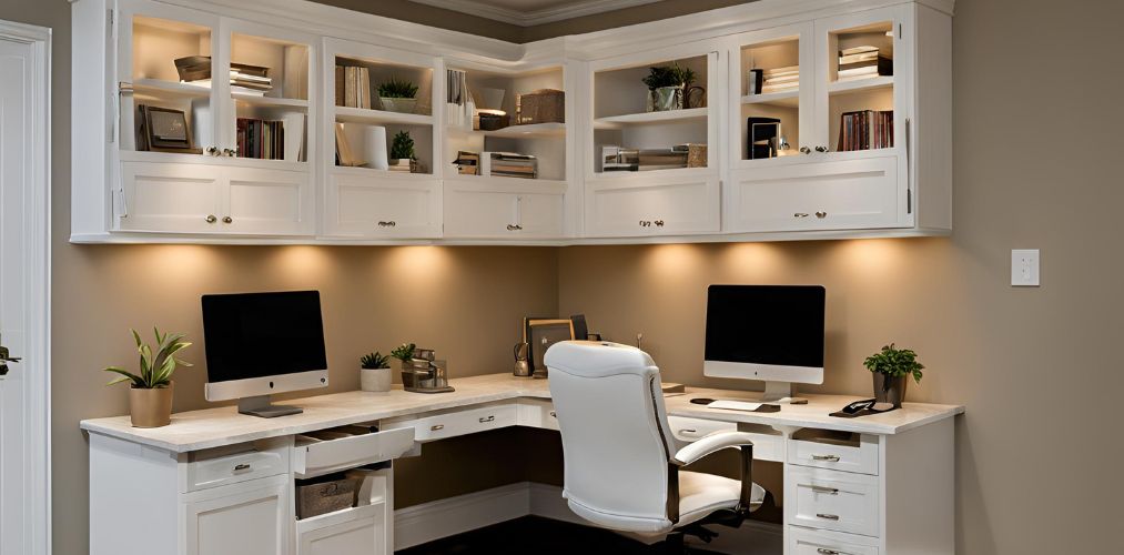 L shape home office with under cabinet lighting - Beautiful Homes