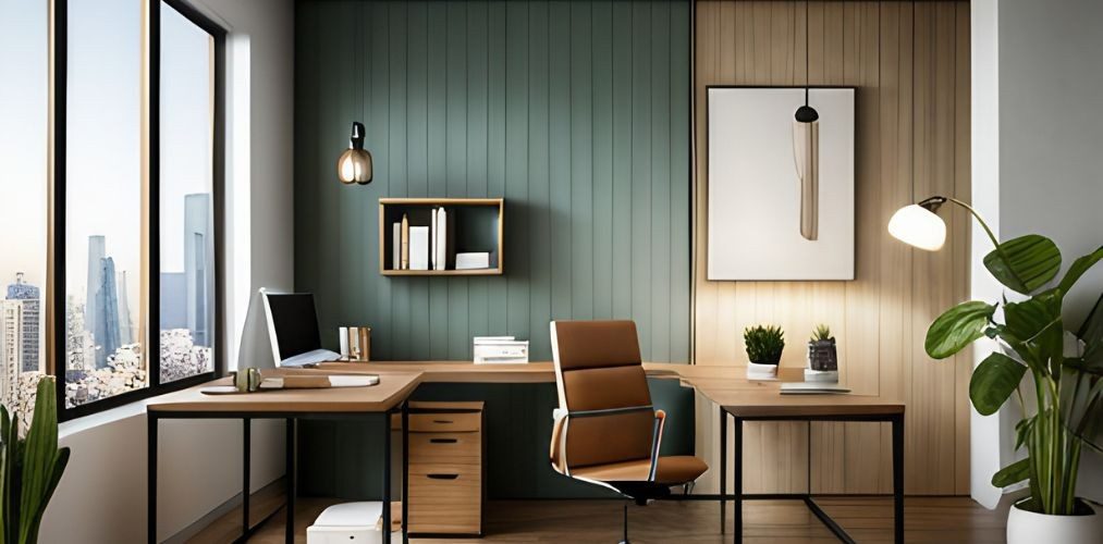 L shape wooden office table with leather chair-Beautiful Homes