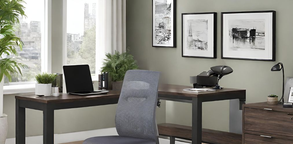 L shape wooden office table with grey chair - Beautiful Homes