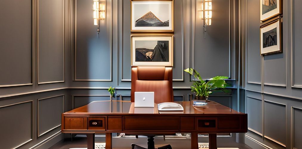 Brown luxury home office with grey wall paneling-Beautiful Homes