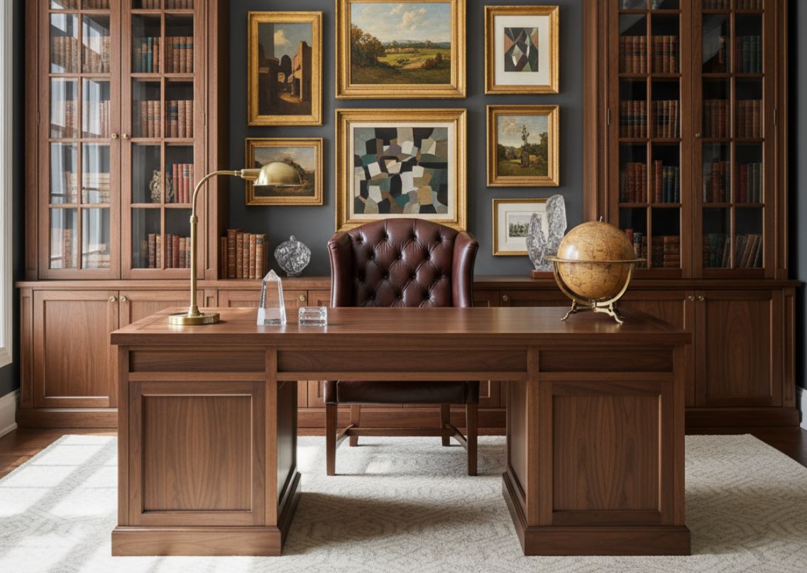 Wooden study table with leather chair and bookshelf - Beautiful Homes