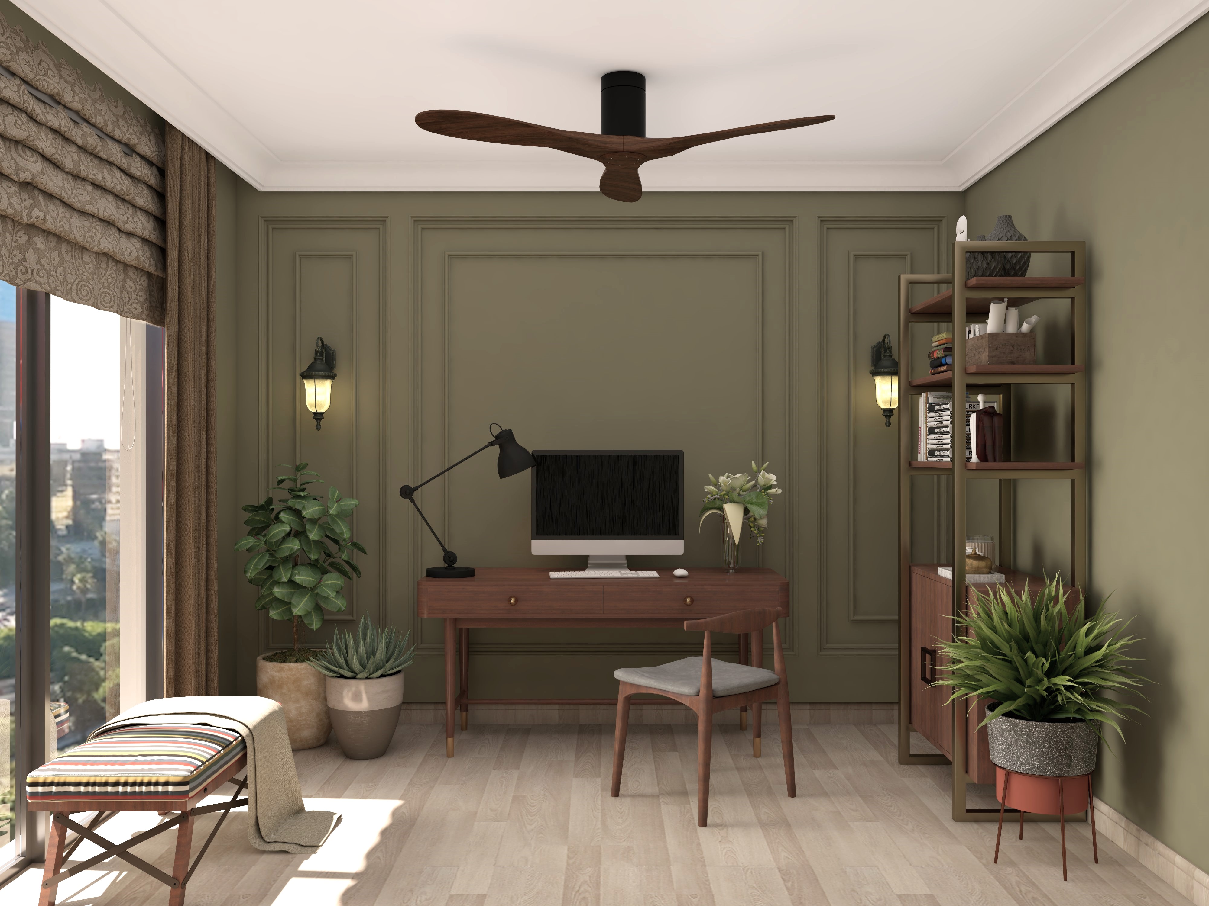 Wooden study table with green walls and décor items - Beautiful Homes