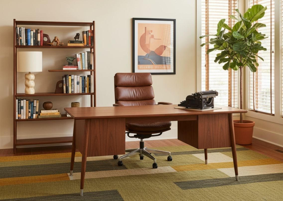 home office with wooden desk and leather chair - Beautiful Homes