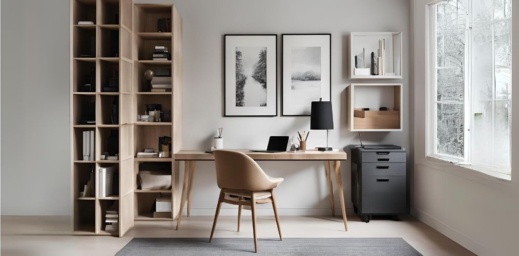 Minimal home office design with storage and upholstered chair - Beautiful Homes