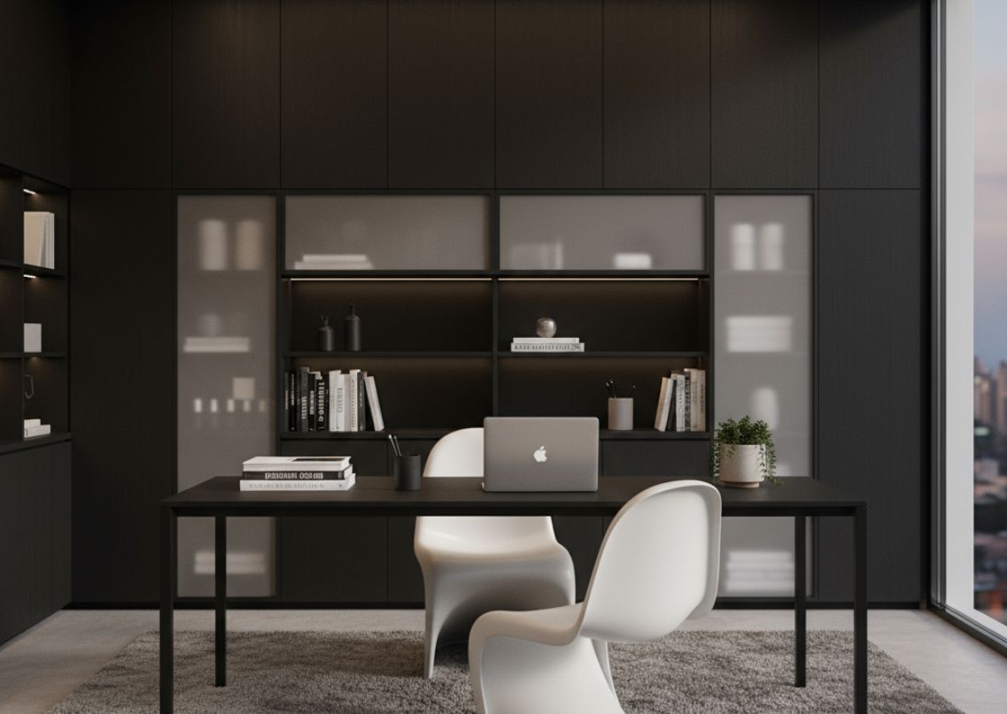 Modern home office with black cabinets and sleek furniture - Beautiful Homes