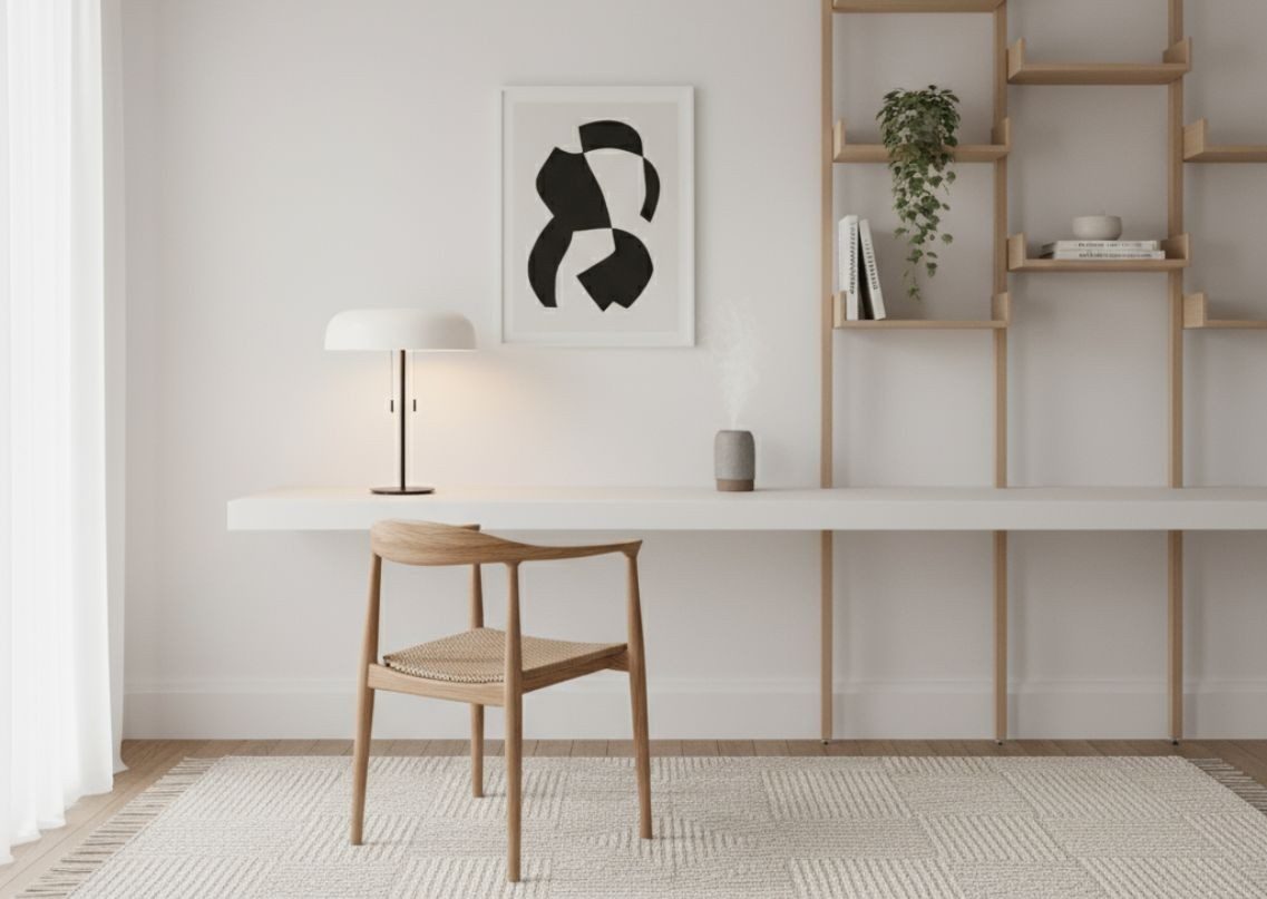 Minimalist home office with wooden table and shelves - Beautiful Homes