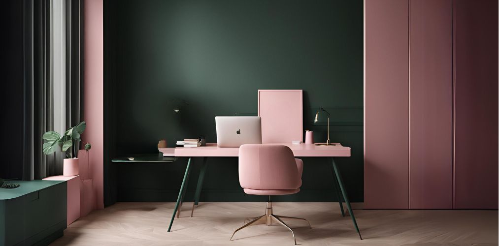 Minimalist dark green and pink home office - Beautiful Homes